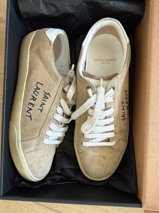 Saint Laurent Shoes - Saint Laurent Women’s Beige Suede Low-Top Sneakers with Logo